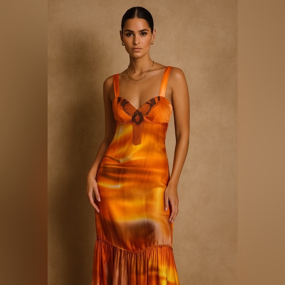 Camelot Orange 100% Silk Maxi Dress Beaded Bodice Size S Formal Evening Gown - Picture 1 of 16